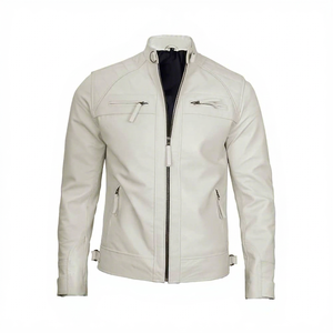 Blouson moto en cuir PU blanc pour homme, col montant, fermeture éclair, coupe ajustée, manches classiques, couleur unie, idéal pour l'automne - Product Image 1