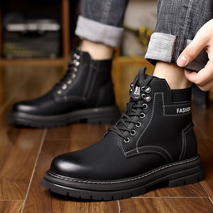 Botas Martin para hombre, botines cálidos con forro de piel para invierno, punta redonda, cordones, suela de goma, color sólido, cuero artificial - Product Image 4