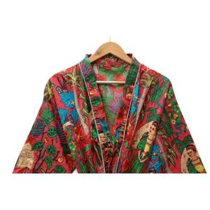 Artisanal Hand Block Printed 100% Cotton Long Sleeve Knee-Length Loungewear <b>Robe</b> with Drawstring Closure - Product Image 2