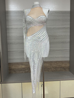 Robe à franges en strass et perles blanches, asymétrique, à une manche longue, effet illusion, style Reine des Neiges, pour Gala, Drag Queen, Costume de danse, Vente en gros