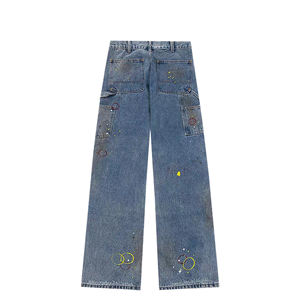 بنطال رجالي عتيق مغسول من القطن والدنيم واسع واسع للركبة المزدوجة مكروه بأضرار مطلية بالكريستال المطرز - Product Image 2