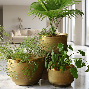 AK ชุดกระถางโลหะทองเหลืองแกะสลักด้วยมือสีทองทันสมัยสำหรับตกแต่งบ้านและสวน - Product Image 2
