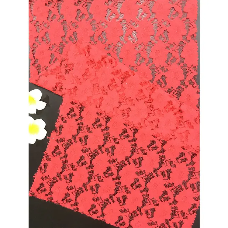 2019 Red Flower Flock Printing Jacquard Nylon Lace Fabric For Dress And Handbag