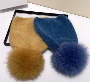 Kadın kadınlar bayanlar kış sıcak yüksek kalite tavşan saç örme moda bere şapka büyük çıkarılabilir hakiki gerçek tilki kürk Pom ile
