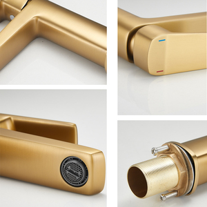 Rubinetto Miscelatore Moderno in Ottone Spazzolato Oro PVD per Lavabo, Montaggio su Piano - Product Image 4