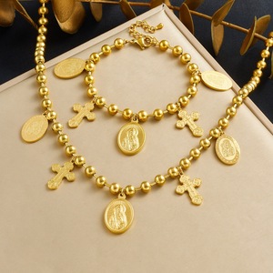 European American <b>Cross</b> Border Gold Plated <b>Cross</b> Oval Relief Pendant Beaded <b>Chain</b> Necklace Set Unisex Religious Ceremonies - Product Image 1