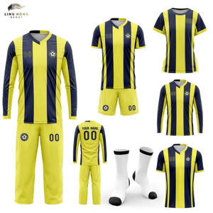 Supplier Jersey Sepak Bola Logo Kustom Pakaian Sepak Bola 100% Poliester Kustomisasi Ukuran Besar Set Seragam V-neck 220g Celana Pendek Bermotif - Product Image 1