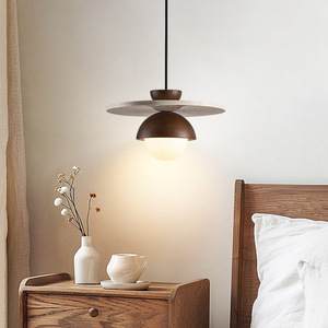 Wabi Sabi Walnut Wood Pendant <b>Light</b> With Stone Disc <b>Retro</b> Hanging Lamp For Dining Room Bedroom - Product Image 3