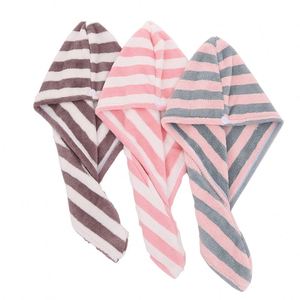 Serviette de cheveux super absorbante pour femme, en velours corail rayé, tricotée, épaisse, séchage rapide, pour la maison, les voyages et la plage - Product Image 1
