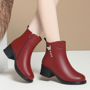 Xuanhui Fashion <strong>Burgundy</strong> Leather 4cm Low Block Heel Butterfly Ornament Fur Lined Side Zipper Ankle <strong>Boots</strong> for <strong>Women</strong> - Product Image 1