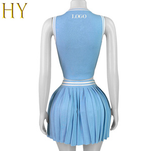 Logo personalizzato 2025 abiti femminili <span class=keywords><strong>estivi</strong></span> <span class=keywords><strong>senza</strong></span> <span class=keywords><strong>maniche</strong></span> in maglia elasticizzata gonna corta in maglia semplice gonna plissettata a due pezzi a coste - Product Image 4