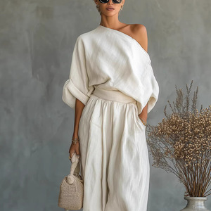 Completo da <span class=keywords><strong>donna</strong></span> a due pezzi con <span class=keywords><strong>pantaloni</strong></span> a gamba larga, tinta unita, a maniche lunghe, con spalle scoperte, casual e ampio - Product Image 2