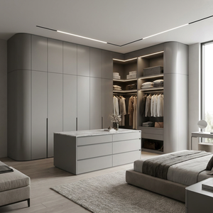 Système de dressing intégré sans joint, design moderne de luxe laqué, armoire autoportante avec bord incurvé pour salle de sport - Product Image 1