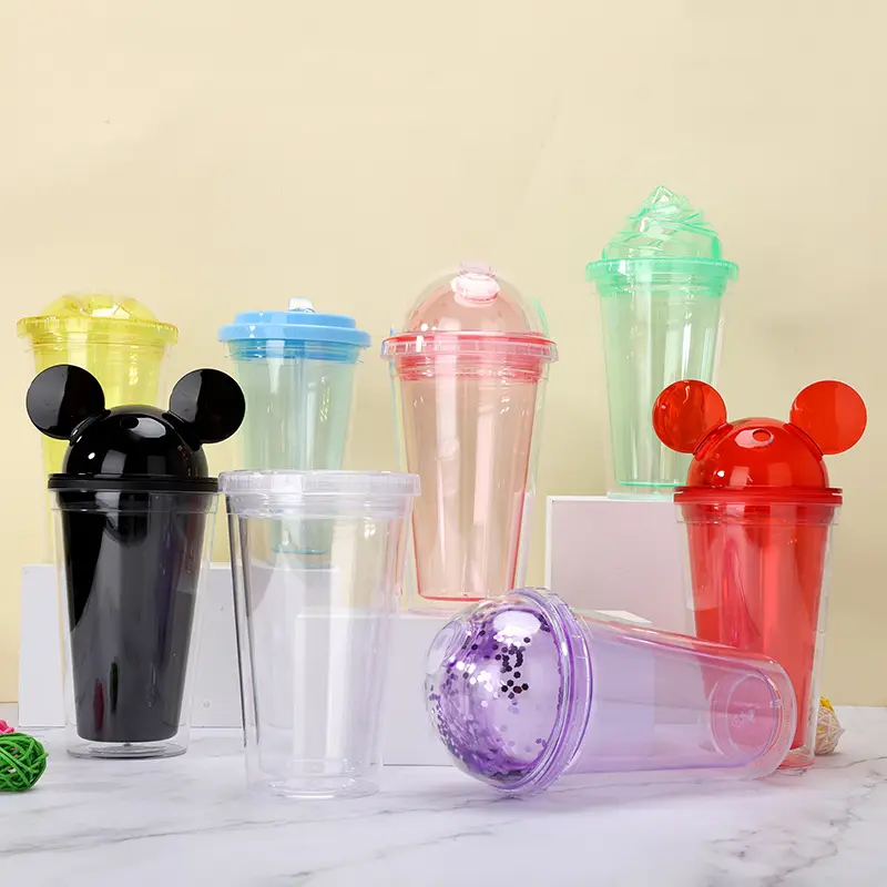 Wholesale 16oz 2020 latest style PS cute Mouse Ear Clear Cups Acrylic Mickey Tumbler with Straw and Dome Lid