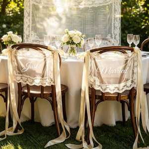 Wedding Set of <b>2</b>, Custom Lace <b>Chair</b> Decor With Flowing Long Ribbons, Romantic <b>Table</b> Decorations - Product Image 1