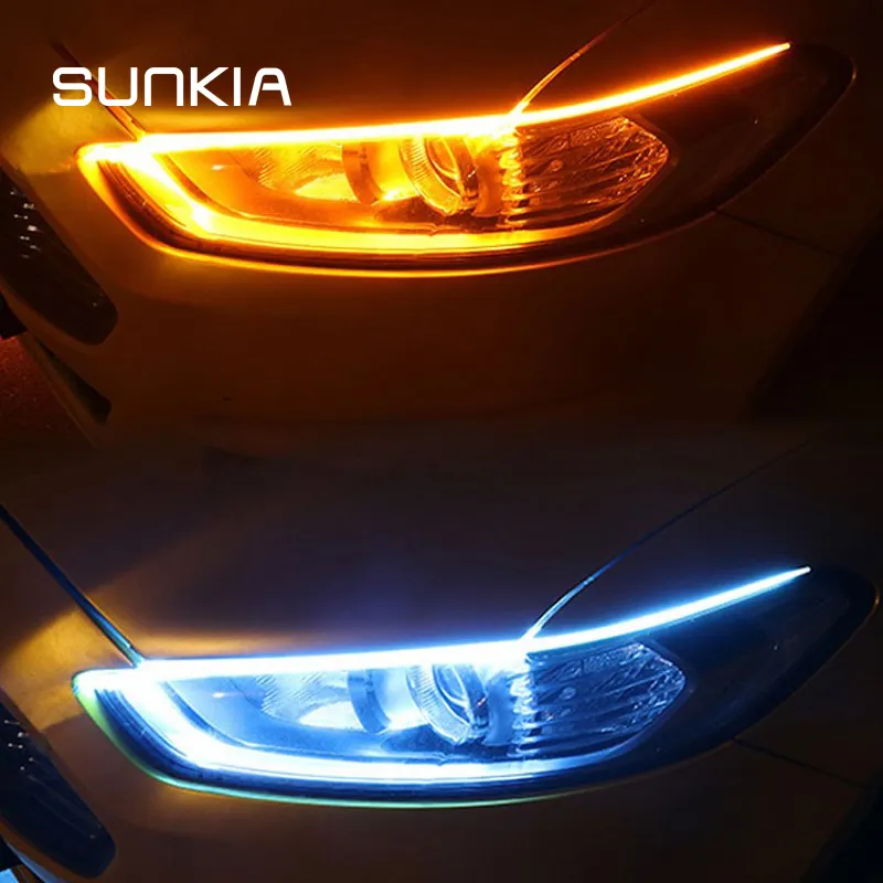 Sunkia 2 pcs/par novo led super fino tubo drl, luz diurna de carro, tira de led com luz de torneamento flutuante amarela