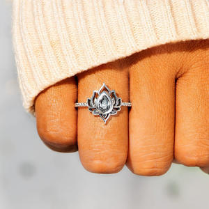 Q254 <b>Lotus</b> Flower Ring Women's Lab Created Cubic Zirconia Pear Stone Prong Setting Engagement Buddhism <b>Jewelry</b> - Product Image 3
