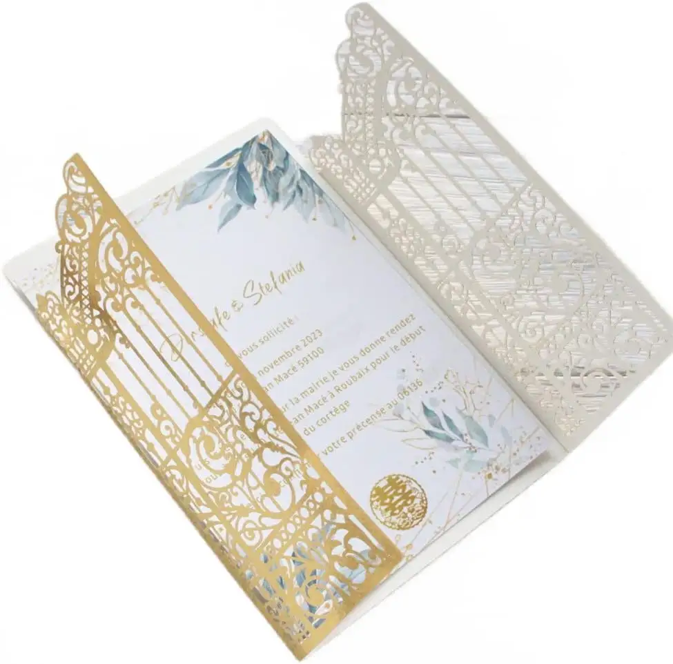 Персонализированный Дизайн Металлический Золотой Забор Лазерная резка бумажный дизайн приглашение на свадьбу брак на годовщину набор