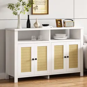 ห้องครัวขาตั้งไมโครเวฟห้องนั่งเล่น MDF Media คอนโซลตู้ฝรั่งเศส TV ตู้ไซด์บอร์ด 2 ประตูหวายชั้นวางที่ถอดออกได้ - Product Image 1