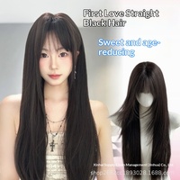 Perruque japonaise coréenne en tissu synthétique noir pour femme, cheveux longs et raides, avec simulation de cuir chevelu, franges naturelles et volumineuses, couvre-tête complet raffiné, fabriquée à la machine