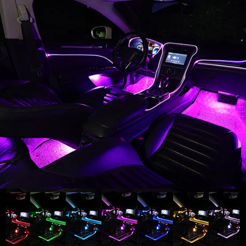 Tira de luces LED de neón RGB para Interior de coche, luz ambiental decorativa, Control por aplicación, ambiente Interior
