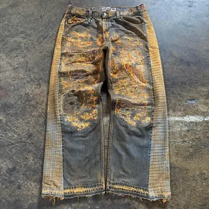 DIZNEW-Pantalon jeans en denim grande taille pour homme, jeans baggy jaune délavé brodé sur mesure pour homme
