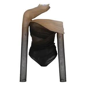 New pattern OEM Ruffled stitching translucent one-piece tights Cut details off-the-shoulder design fashion blouse for women