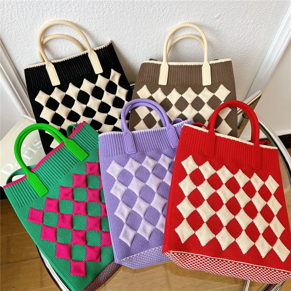 Korean Fashion Custom Contrast Color Girl Check Pattern Shopping Tote Bag Diamond Pattern Shoulder Knitted Wool Yarn Handbag