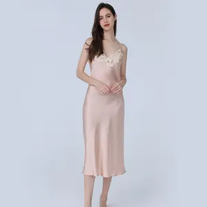 Novo produto roupa de dormir feminina cor sólida sem costas camisola atacado moda casa vestido real vestido de seda amoreira