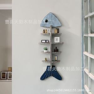 Creative wooden Mediterranean decorative <b>shelf</b>, solid wood fish skeleton style, home wall-mounted storage <b>rack</b> for - Product Image 2