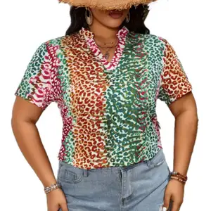 Ropa de talla grande para mujer Top estampado de leopardo Boho camiseta Casual cuello en V Blusa de manga corta para el verano