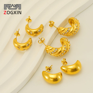 Zogxin Moon Shape Stud Earrings 18K Plated Gold Geometric Design Micro Insert Women's Fashion Jewelry - Product Image 1