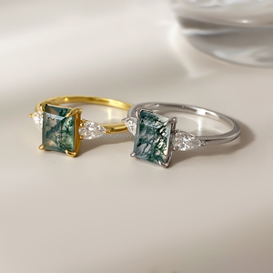 Modern Design Moss Agate Engagement <b>Ring</b> Green Ethnic Style Gemstone Jewelry with <b>Stack</b> <b>Ring</b> Wedding Band - Product Image 3