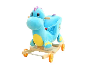 OEM/ODM Kustom Boneka Musik Lembut Biru Dinosaurus Mewah Mainan Kursi Goyang Bayi dengan Kuda Asli dan Suara Golloping