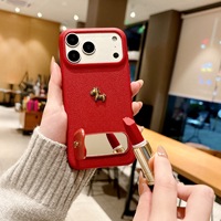 Coque de téléphone tendance en cuir PU de luxe effet peau, couleur unie, motif cheval doré, avec béquille pour iPhone 17 Air 16 15 Pro Max