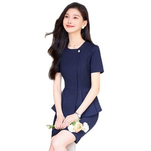 Elegant Navy Blue Peplum Dress O-Neck Short Sleeve Professional Career Wear Women's <b>Work</b> Uniform Summer Slim Fit - Product Image 5