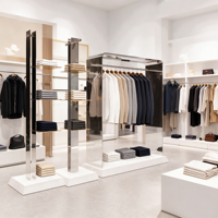 Vitrine de présentation de vêtements en acier inoxydable miroir avec dessus arrondi, tringle de suspension et socle blanc sur mesure