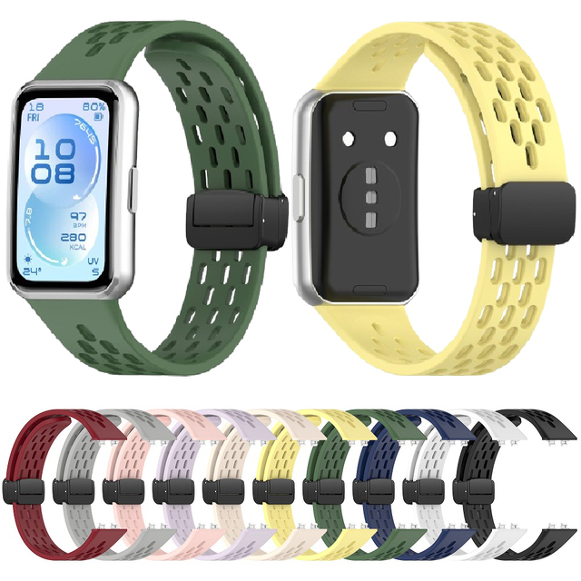 Solid Color Sport Wristband for Huawei Band 11 11Pro NFC Black Folding Magnetic Clasp Breathable Hole Silicone Watch Strap