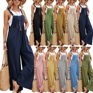 Women Spring Summer Solid Color Suspenders Overalls Casual Strappy Trousers Women's Loose Wide Leg Flared Leg Pants Jumpsuit
