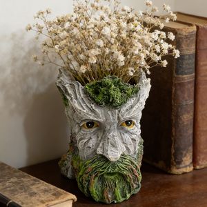 Human Face <b>Tree</b> Stump Flower <b>Pot</b> Resin Outdoor Home Garden Planters Green Bearded Design Creative Decor - Product Image 1