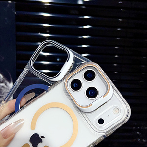 Étui de téléphone magnétique personnalisable avec support d'objectif en métal et logo, pour iPhone 16 15 14 13 12 17 Pro Max 11, coque transparente en PC anti-jaunissement - Product Image 4