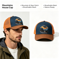 Casquette Trucker en Maille Bicolore avec Broderie Scène Forêt et Cerf de Montagne, Montagnes et Maison, pour le Camping, la Chasse, les Activités de Plein Air et l'Aventure en Nature
