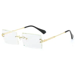 2023 새로운 트렌디 한 직사각형 프레임리스 안티 자외선 선글라스 여성 남성 오션 렌즈 금속 프레임 스타일 선글라스 평면