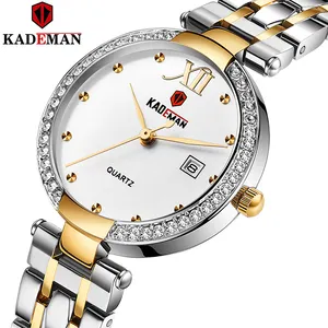 Kademan relógio feminino dourado 2020, relógio de pulso feminino, cristal, diamante, aço inoxidável, prata
