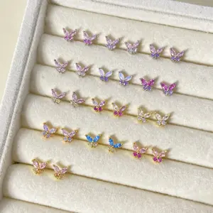 wholesale custom animal earrings non tarnish water proof 14k 18K Gold Plated zircon colorful butterfly stud Earring For Women