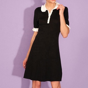 Comprar vestidos negros Cuello blanco Botones de perlas de imitación Puños acampanados <span class=keywords><strong>Black</strong></span> <span class=keywords><strong>Friday</strong></span> Special Vestido Polo de manga corta de algodón para mujer - Product Image 3