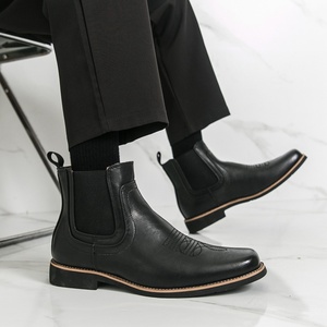 Bottes de cowboy classiques pour hommes, bottes Chelsea à bout carré noires pour hommes, bottes en cuir à la cheville, bottes décontractées rétro élégantes pour hommes - Product Image 3