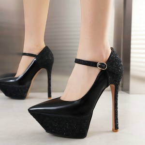 Escarpins pour femme à bout pointu en cuir verni scintillant, talon aiguille très haut, avec bride à boucle, imperméables - Product Image 2