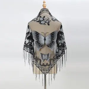 Factory Price Solid Color Lace Triangle Ladies Hollowing Scarf Butterfly Embroidered Tassel Monochrome Breathable Triangle Shawl