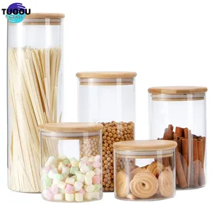 Kleine dri geruchs neutrale Bambus und Lebensmittel Lagerung Glas Arrangement Behälter Set Flaschen Gewürz Einmach glas mit Spender deckel Shop Box